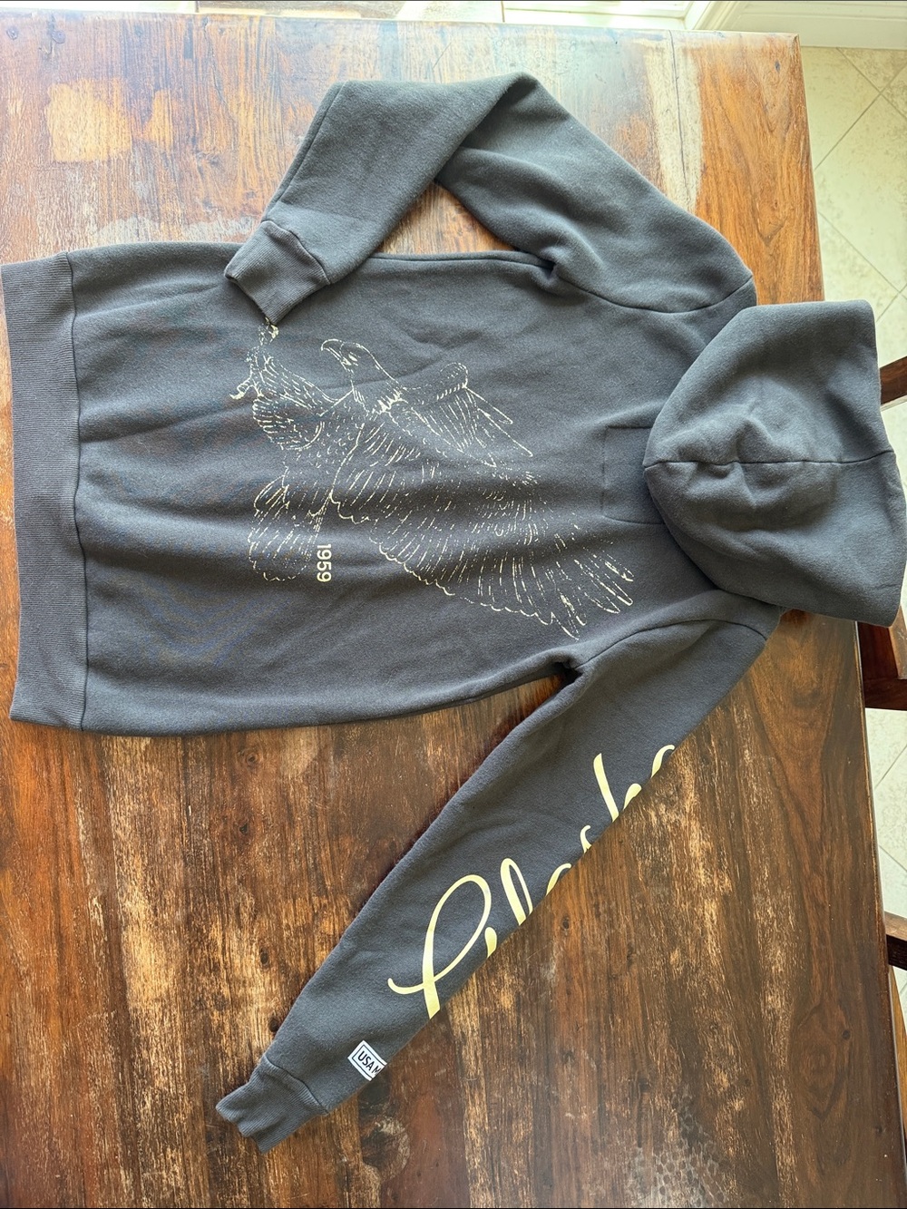 Rebel Yell x Blush Charcoal Washed Black Graphic Hoodie with Gold Eagle Print